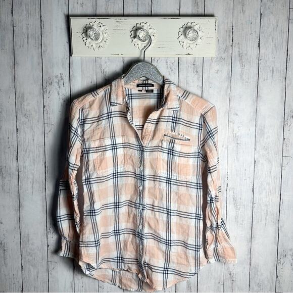 Sandra Ingrish Peach Plaid Button Down Top - Picture 2 of 4